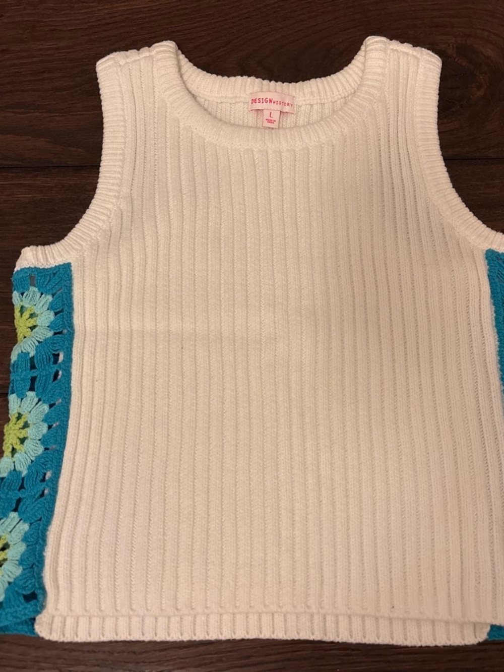 Design History Cream Knit Tank with Bright Blue Crochet Flower Panels